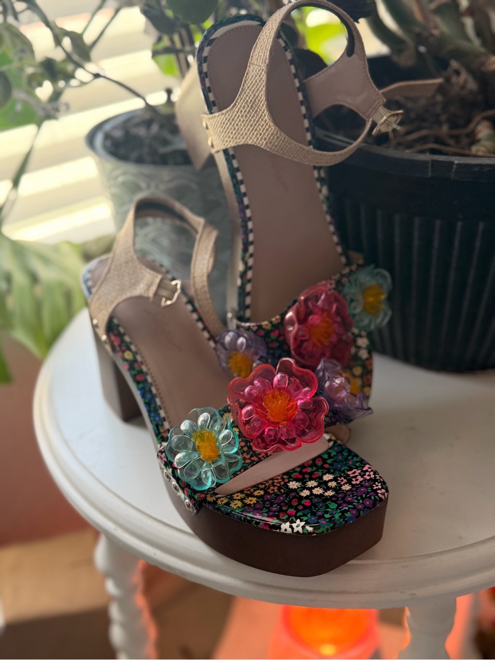 Betsey Johnson Floral Multi-Color Platform Sandals with Clear Flower  Accents